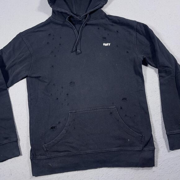 Obey Hoodie Mens Small Distressed Pullover Skull Graphic Streetwear Trashcore - Picture 2 of 9